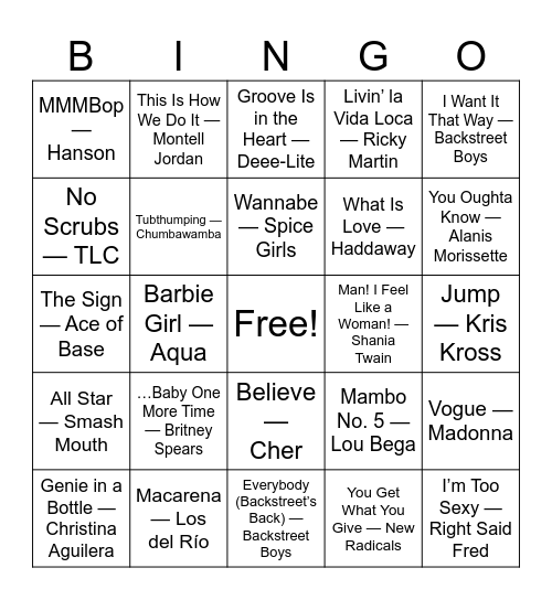 90s Pop & Party Hits Bingo Card