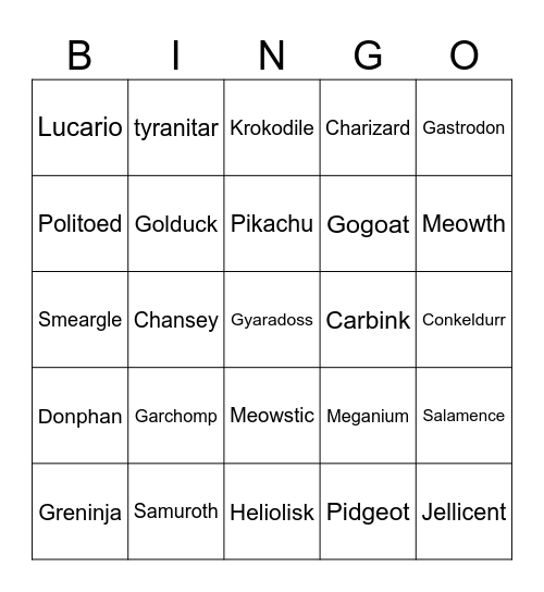 Pokemon Bingo Card