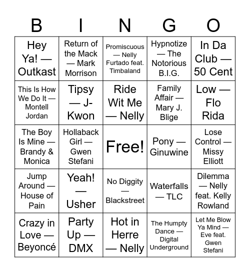 Hip-Hop, R&B & Club Favorites Bingo Card