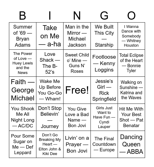 Big Throwback Sing-Alongs Bingo Card