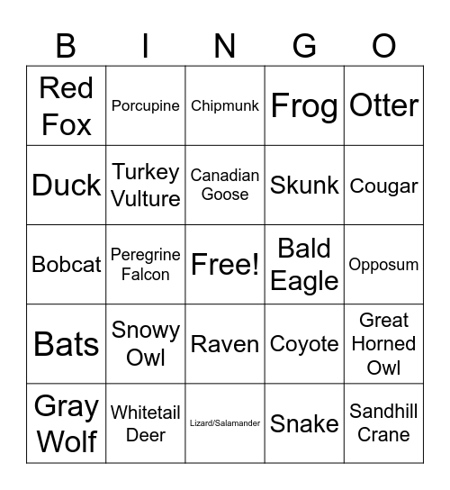 Wildlife BINGO Card