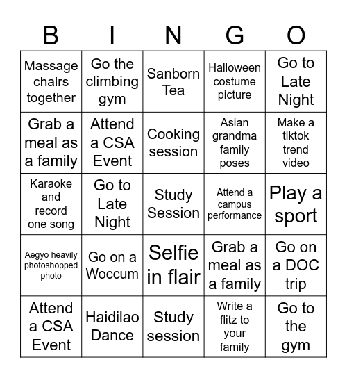 CSA Dynasty Bingo 26F Bingo Card