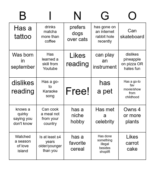Bingo - put one person's name in a square to claim it. Approach people you don't know first :) Bingo Card