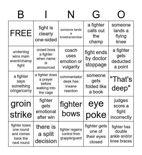 UFC Fight Night Bingo Card
