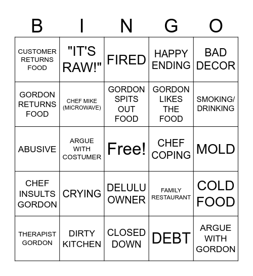 Kitchen Nightmare Bingo Card