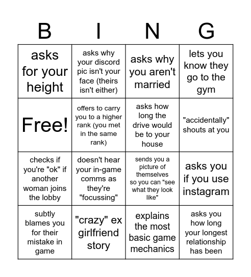 playing with someone you just met in game: Bingo Card