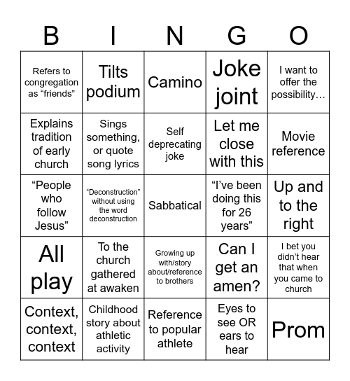 Micah's Penultimate Sermon Bingo Card