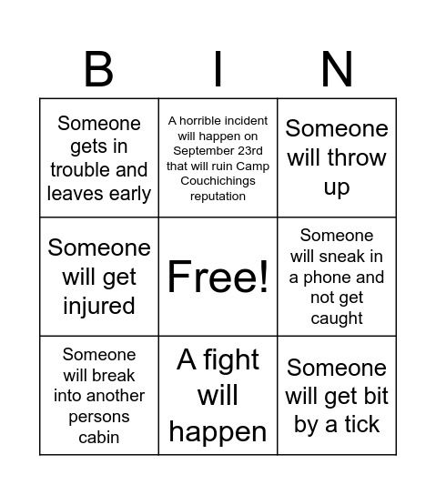 Camp Predictions Bingo Card