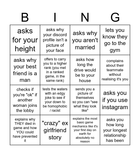playing with someone you just met in game: Bingo Card