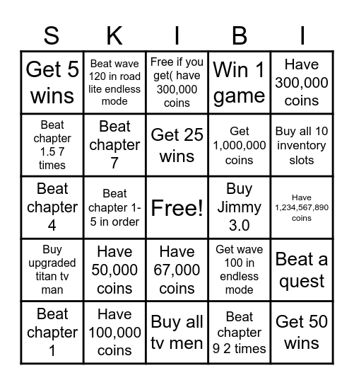 Skibi defense bingo Card