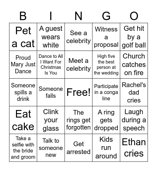 Rachel and Ethan's Wedding 2026 Bingo Card