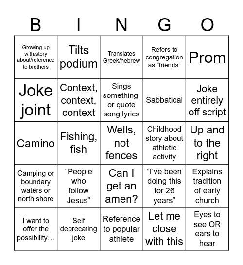 Micah's Penultimate Sermon Bingo Card