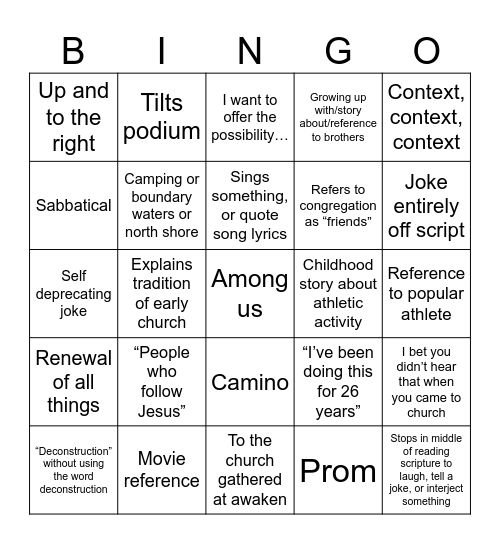 Micah's Penultimate Sermon Bingo Card