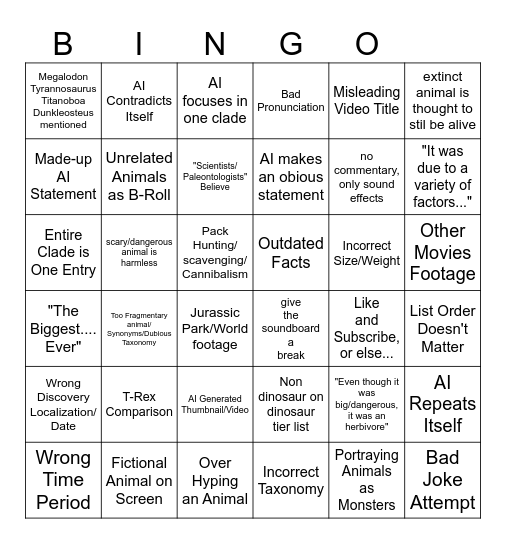 Mega Dino Sludge Bingo Card