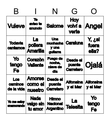 Bingo Musical Bingo Card