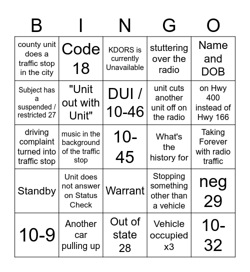 Traffic Stop BINGO Card