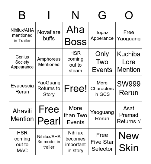 HSR 4.6 LIVESTREAM Bingo Card