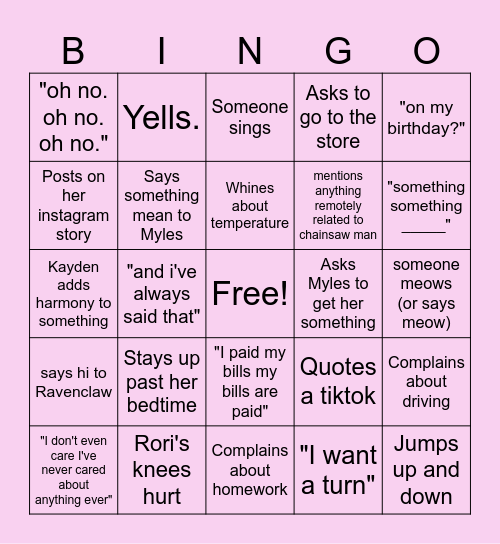 Grace's Bday Bingo Card