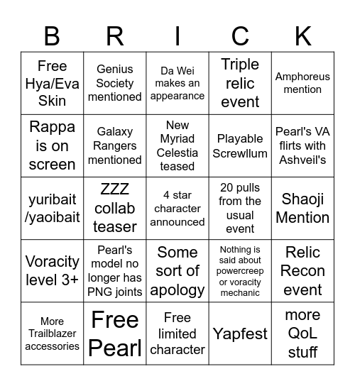 HSR 4.6 Livestream Bingo Card