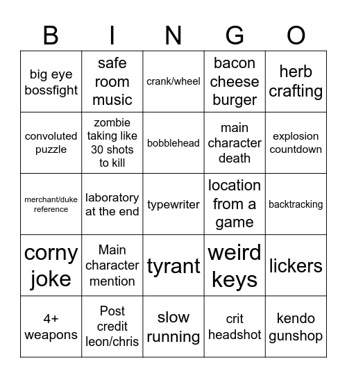 Resident Evil Movie Bingo Card
