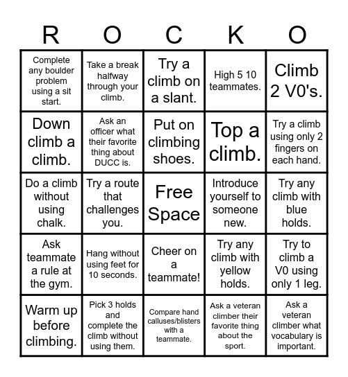 Rock Climbing Bingo Card