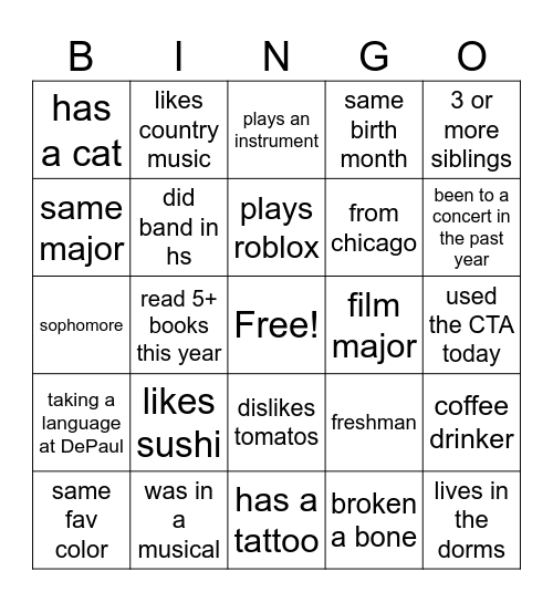 Human Bingo! Bingo Card