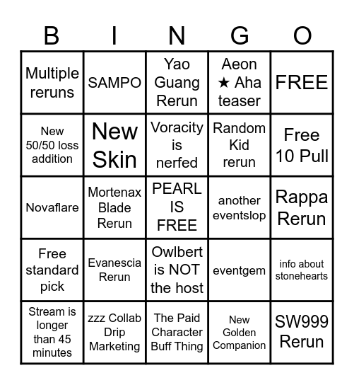HSR 4.6 Live Stream Bingo Card
