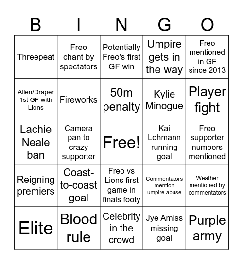 Footy Grand Final 2026 Bingo Card