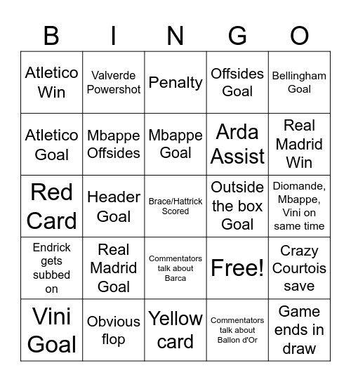 Real Madrid vs Atlético Madrid Bingo Card