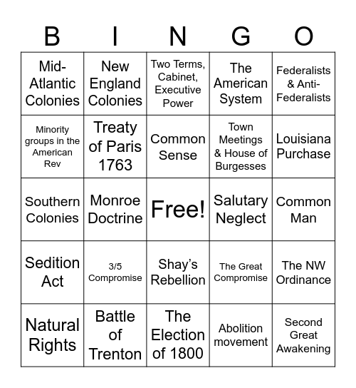 Midterm Exam #1 Bingo Card