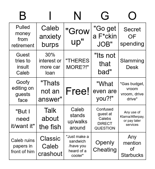 Caleb Hammer Bingo! Bingo Card