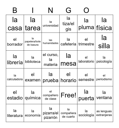 "En la Clase"-Vocabulary Bingo Card