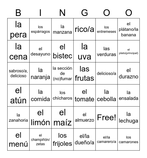 "La Comida" Vocabulary Bingo Card