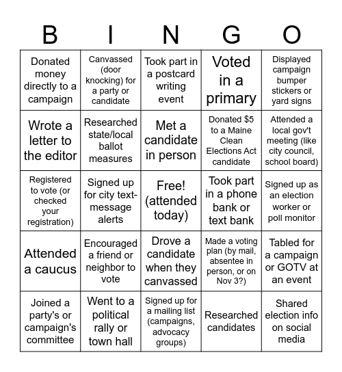 2026 Election Engagement Bingo Card