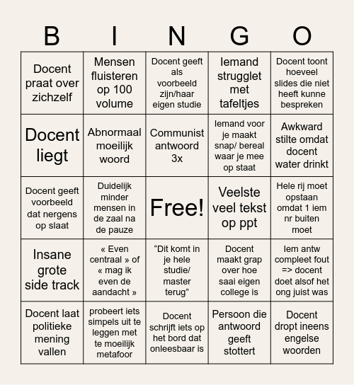 Hoorcollege Bingo Card