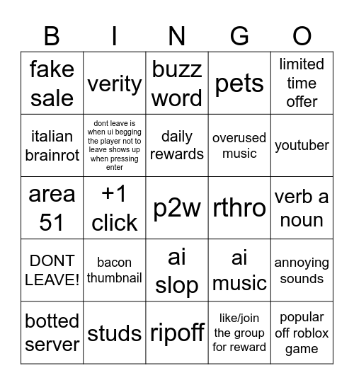 roblox slop game bingo Card