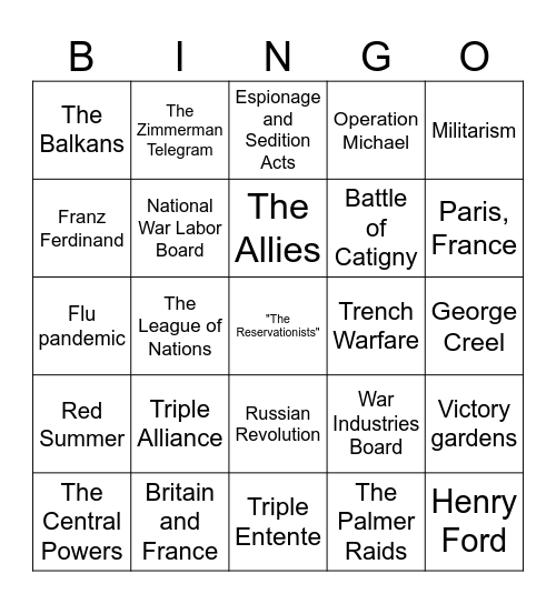World War I Test Review #2 Bingo Card