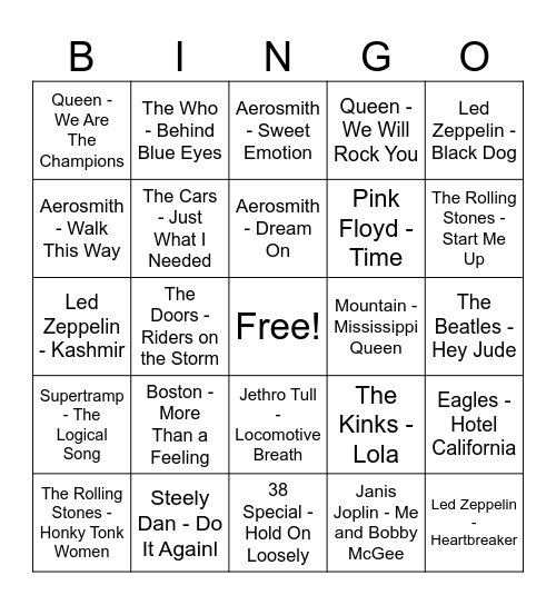 Classic Rock Bingo Card