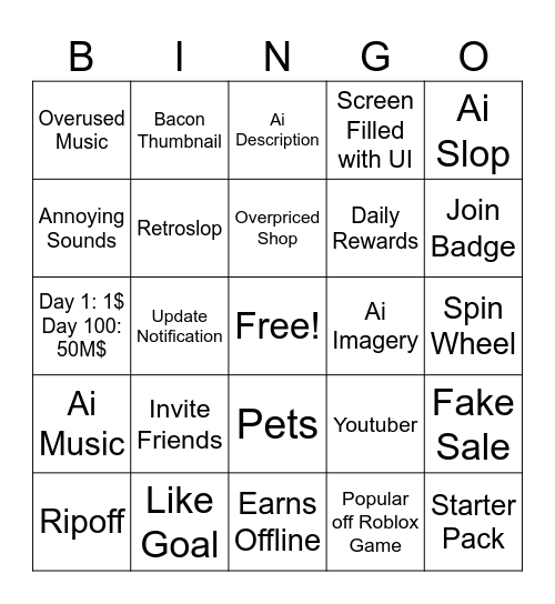 Roblox Slop Game Bingo Card