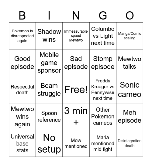 Mewtwo vs Shadow Bingo Card