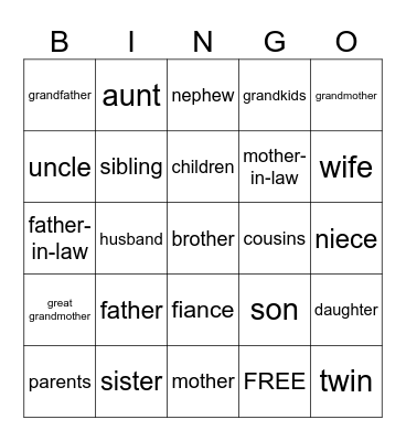 Family Members Bingo Card