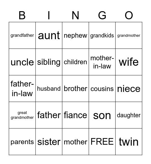 Family Members Bingo Card