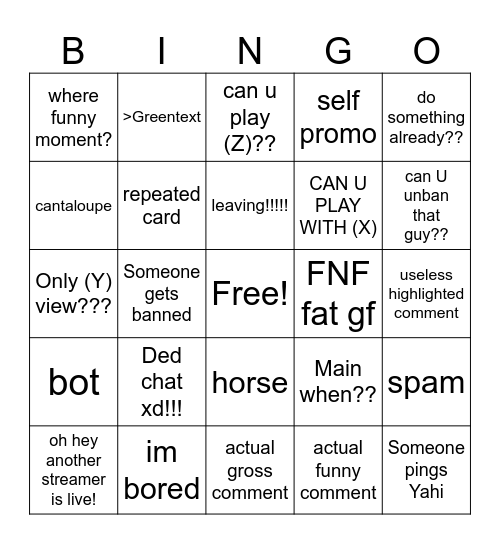 Yahiamice live chat bingo Card