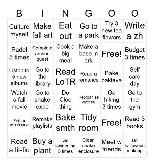 Fall bingo Card