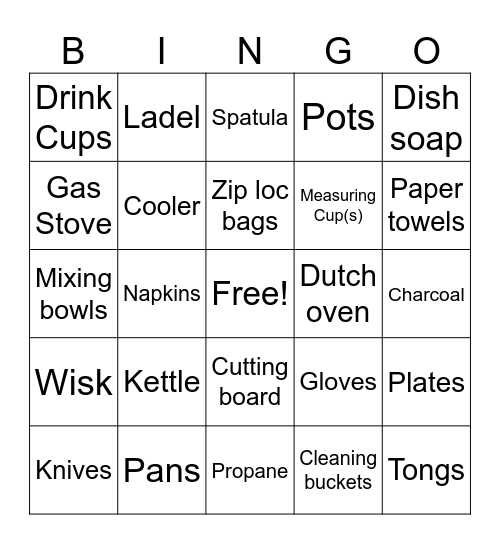 CAMPING COOKWARE Bingo Card