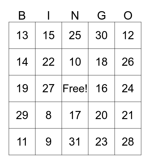 8s and 9s Facts Bingo Card