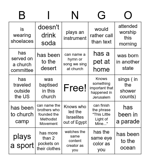 Church Ice Breaker Bingo Card