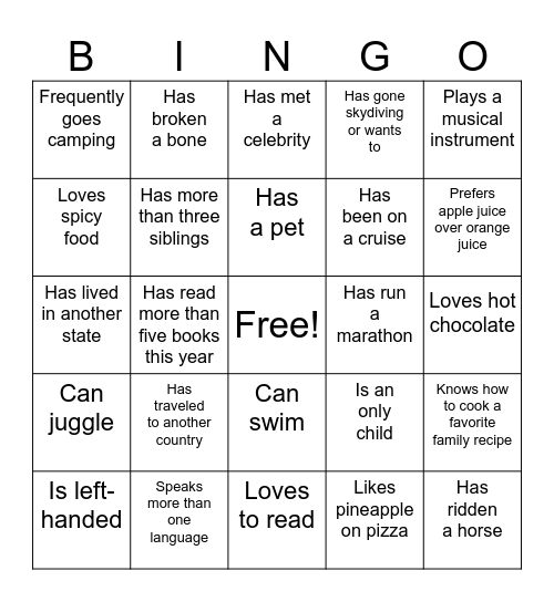 Friendship Bingo Card