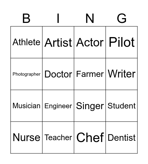 Occupations Bingo Card