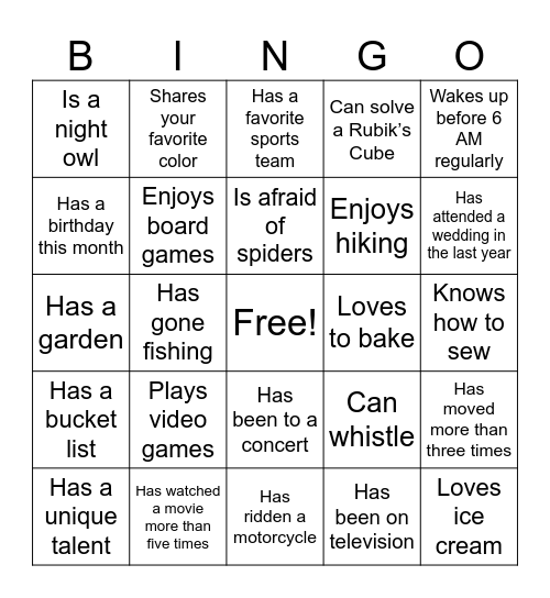 Friendship Bingo Card